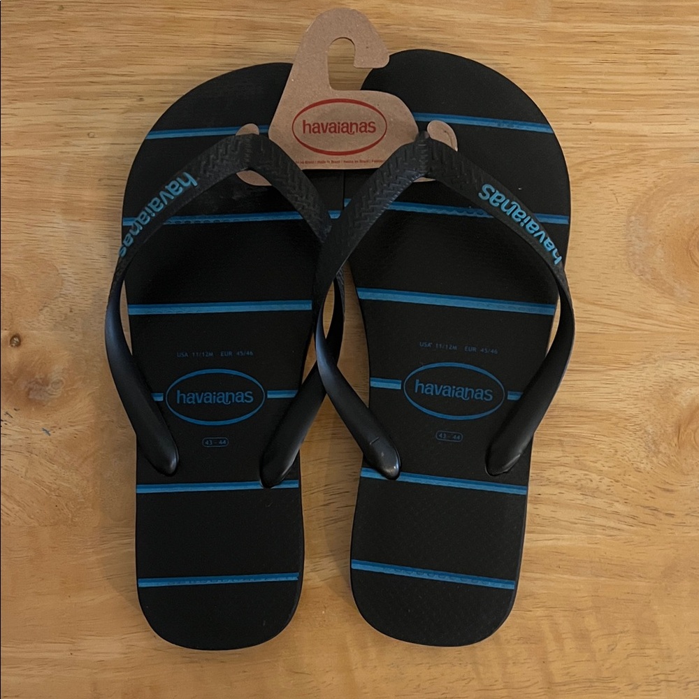 Havaianas Men's Black Flip Flops with Blue Stripes